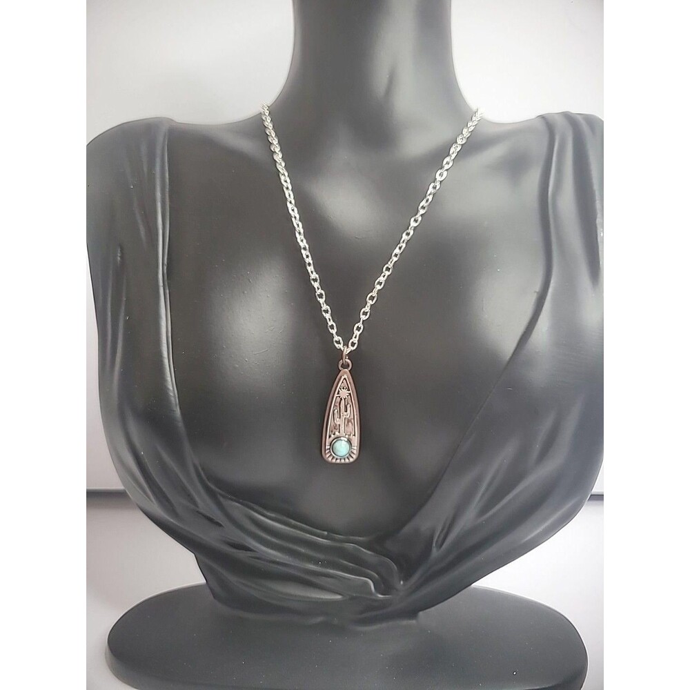 Cactus Pendant Necklace: Silver Tone‎ Chain with Blue Stone